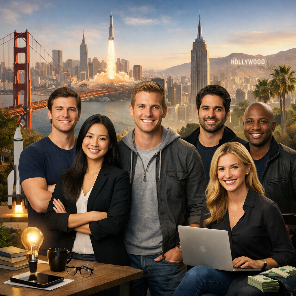 please create an image in a similar style that represents vanderbilt alumni founders who have built successful startups in places like the Bay Area NY-3