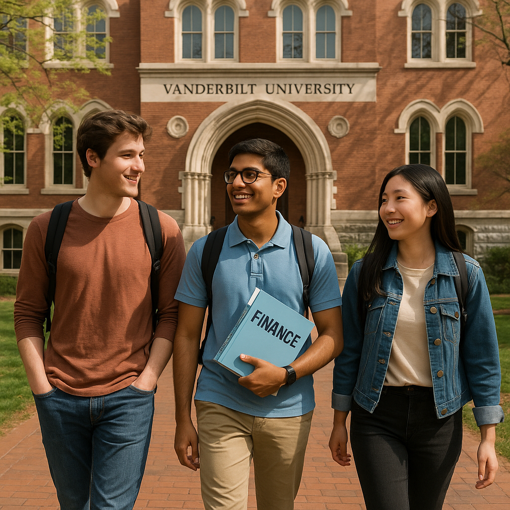 create an image of three students one white male one indian male and one female asian walking across the campus at Vanderbilt universit have one of the students holding a finance textbook under one arm create an image of three students one white male one indian male and one female asian walking across the campus at Vanderbilt universit have one of the students holding a finance textbook under one arm